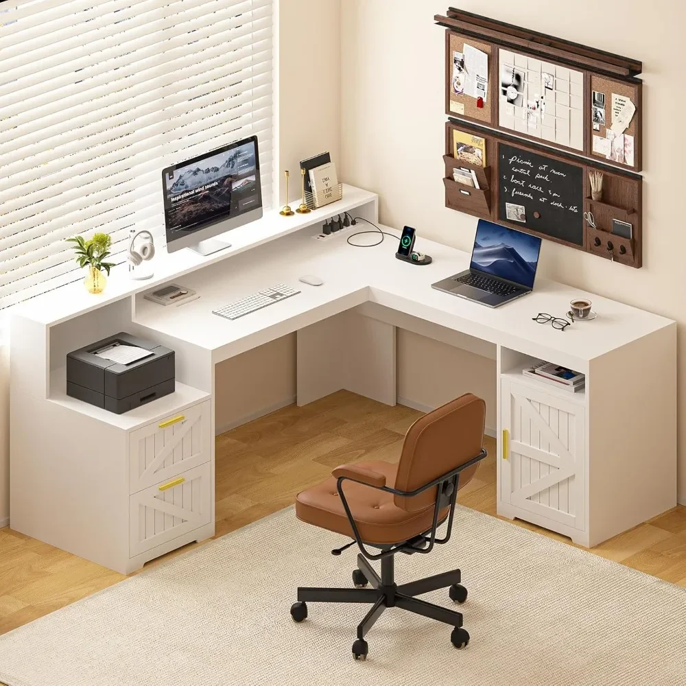 

63" Farmhouse L Shaped Executive Desk with Drawers & Storage Shelf, Corner Computer Desk with Power Outlets,