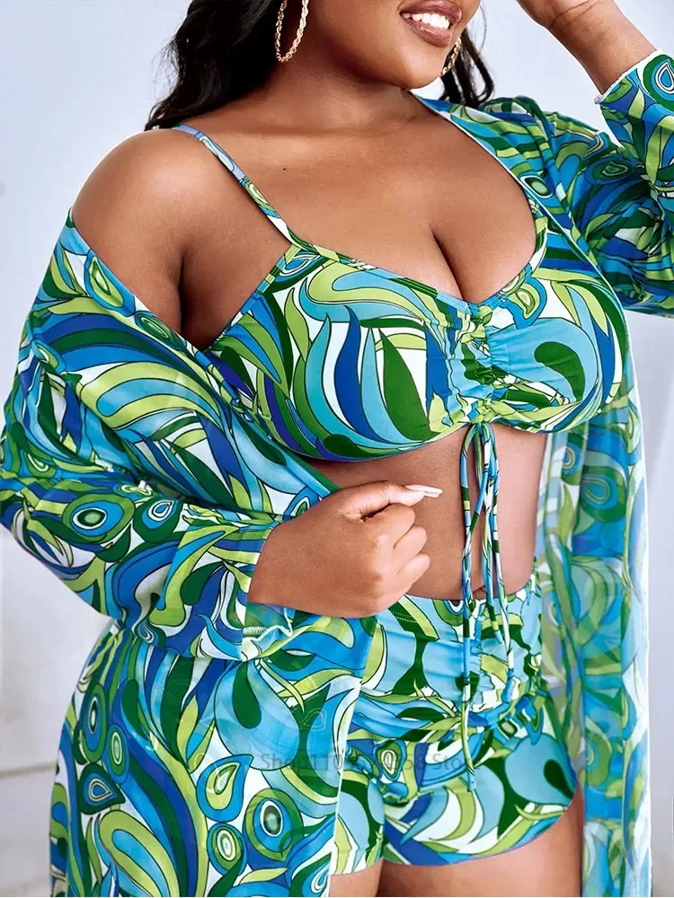 Front lace kimono, beach clothingWomen's oversized printed bikini, 3-piece swimsuit,