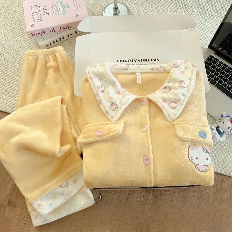 Hello Kitty pyjama meisjes herfst en winter koraal fluweel verdikte warme lange mouwen schattige cartoon pop kraag huiskledingset