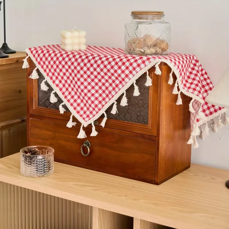 Cotton Linen Bedside Table Tassel Cover Cloth, Suitable for Bedside Table TV Microwave Washing Machine Refrigerator Dust Cover