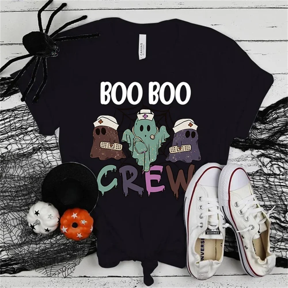 Summer Round Neck Women Nurse T-Shirt Halloween Round Neck Short Sleeve Funny Halloween Boo Crew Print T-Shirts For Women