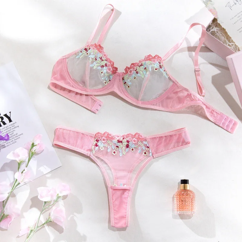Bikini thin sheer bra set with lace embroidery, small floral pattern, underwire, push-up, pure desire two-piece set