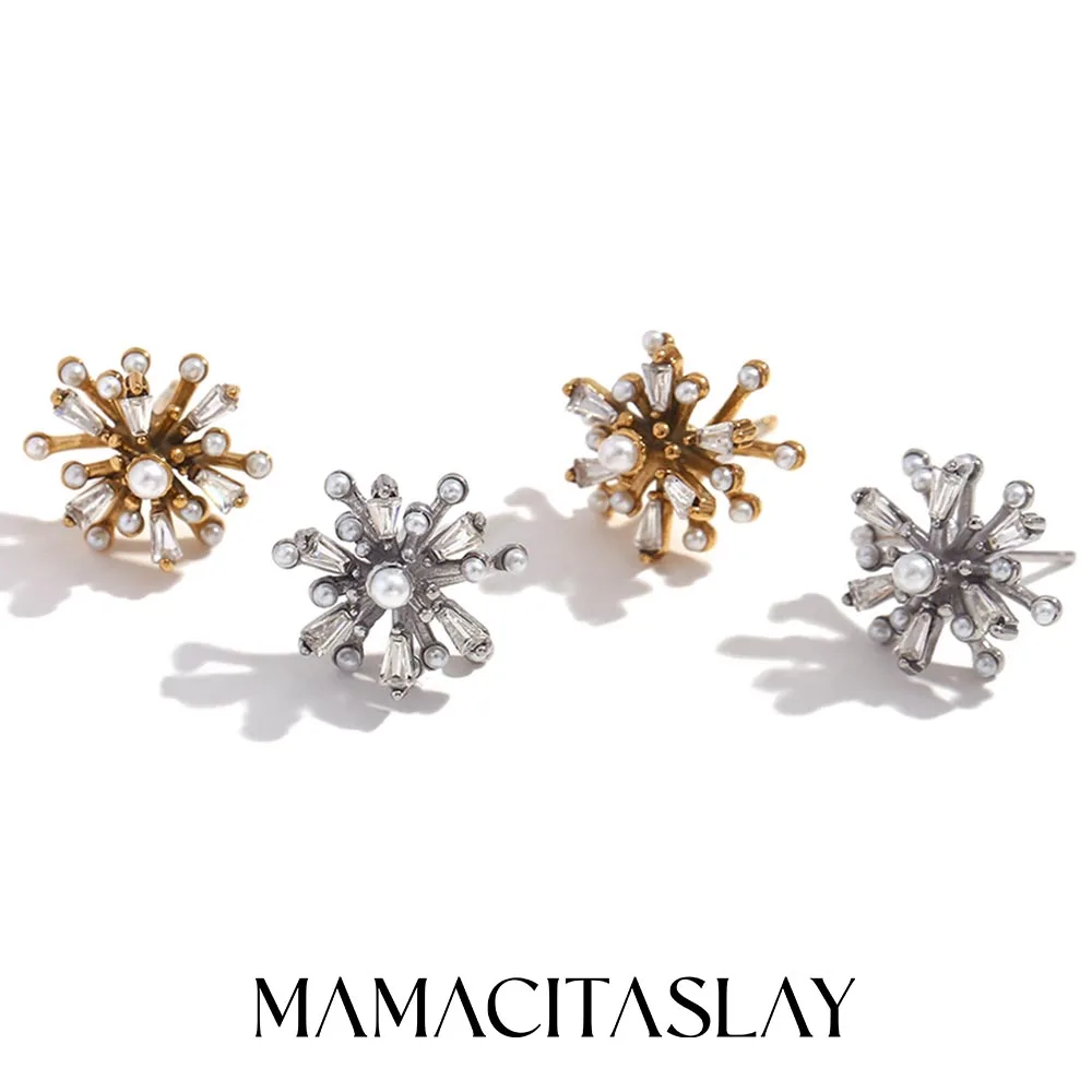 MamacitaSlay Stainless Steel Zircon Pearl Sunflower Stud Earrings New Design Party Waterproof Jewelry Trendy Minimalist Gift