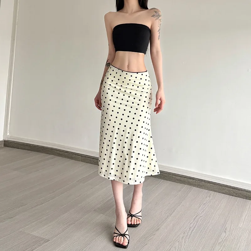 French Retro Polka Dot High Waist Half Skirt Body Shaping mid Length Wrap around Skirt Casual Empire Style Cotton Blend Fabric
