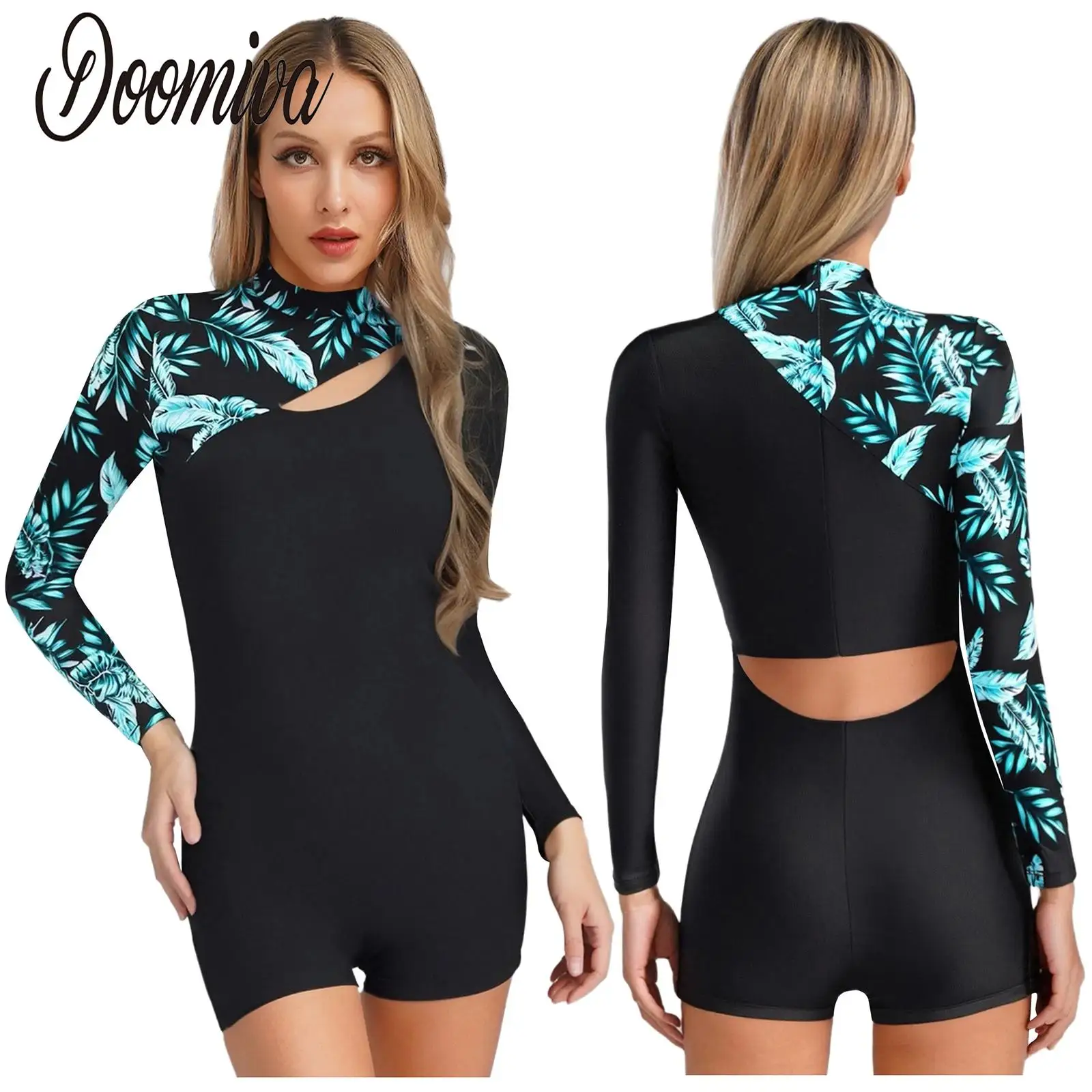 

Women One-piece Athletic Jumpsuits Swimsuit Pool Beach Surfing Bathing Suit Long Sleeve Cutout Padded Bodysuit Print Swimwear