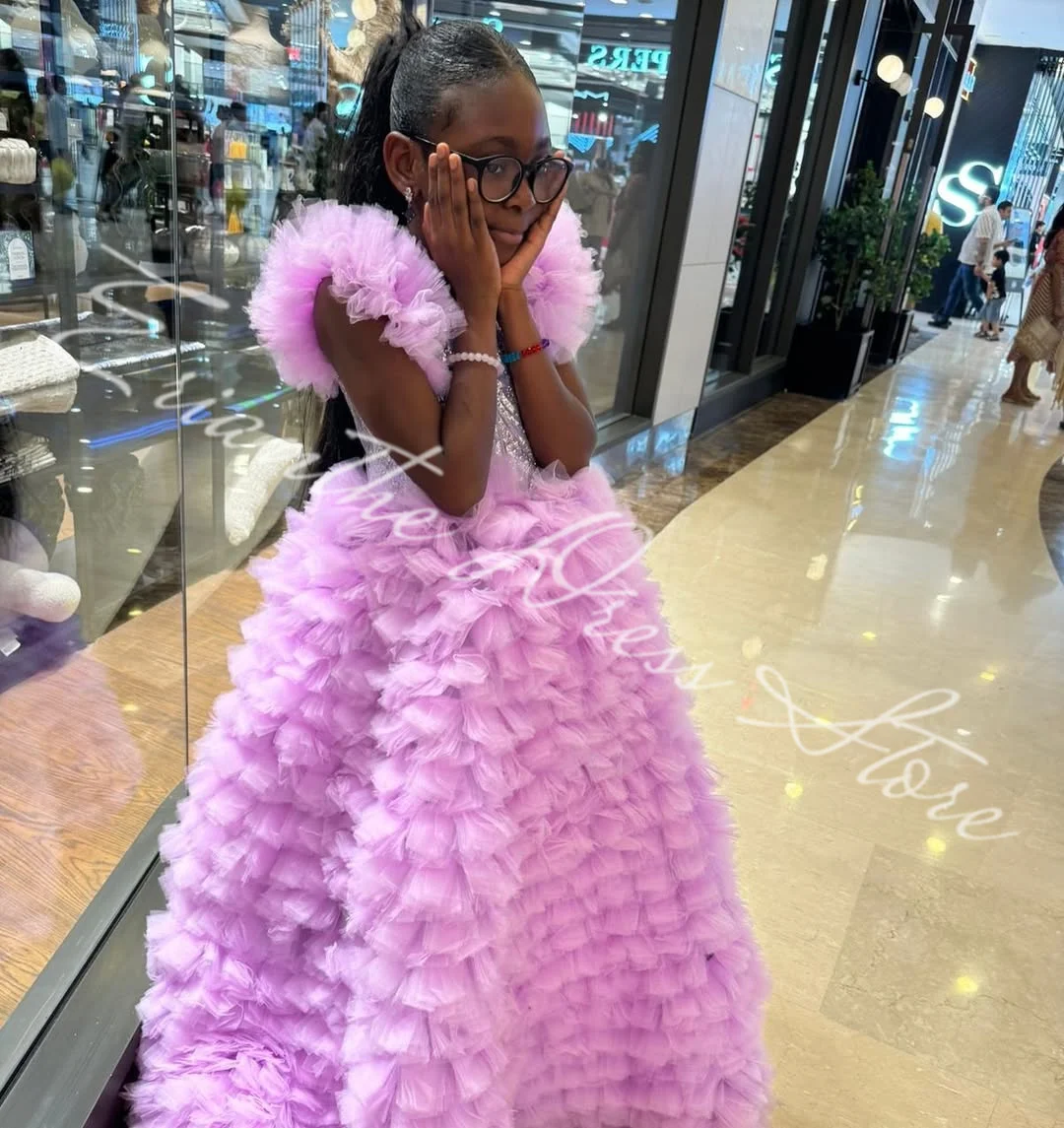 

Elegant Flower Girl Dress For Wedding Tulle Puffy Applique Pageant for Little Girl Princess First Communion Dress Customized