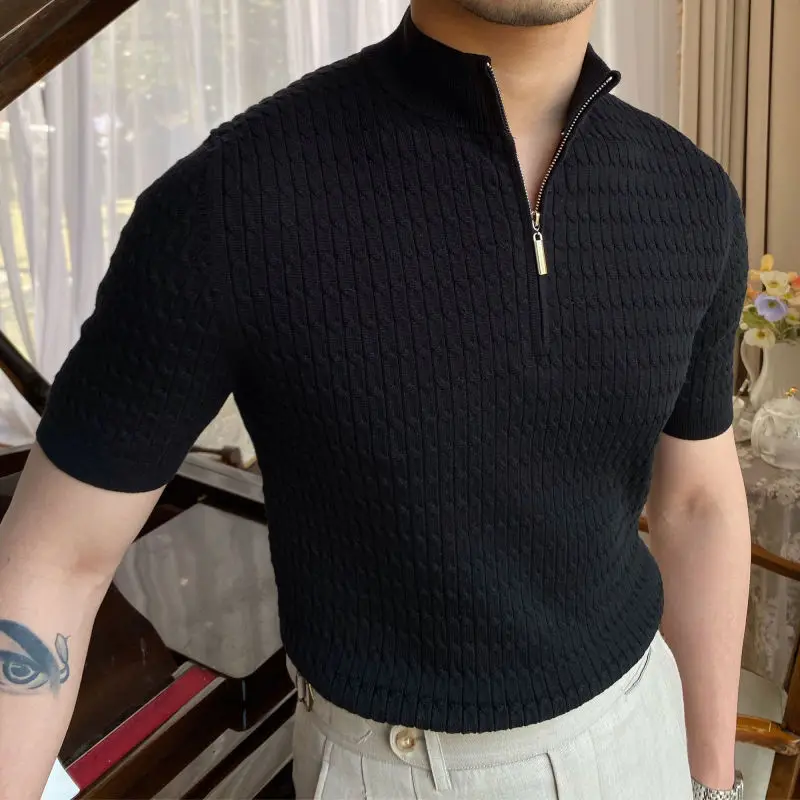 Solid Color Business Leisure Herren Pullover Spring Knitted Short Sleeved Zipper Men's Slim Pull Homme Fashion T Shirts