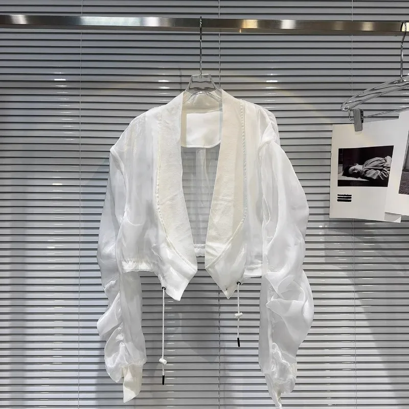 

2025 White Shirt Women Drawstring Mesh Long Sleeve Sun Protection Coat Y2k E-girls All-match Casual Tops Mujer Short Coat