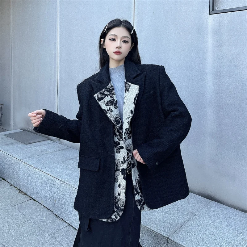 Real Shot, Winter New Arrival, Black Design Sense Patchwork Ink Suit for Women, New Thickened Woolen Suit Jacket High Quality