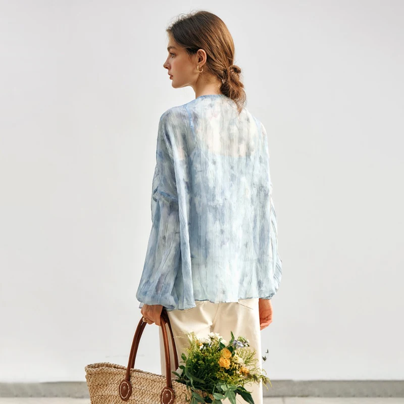 OLrain Blue Chiffon Womens Blouses Spring 2025 Sweet Folds Elegant V-neck Lantern Sleeve Casual Shirring Loose Shirts N57CX93832
