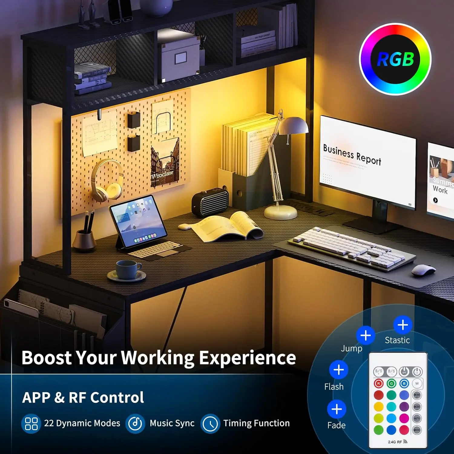 مكتب ألعاب على شكل حرف L مع شريط LED ومخرج طاقة، مكتب كمبيوتر على شكل حرف L قابل للعكس مع درج، مكتب زاوية مع مساحة تخزين