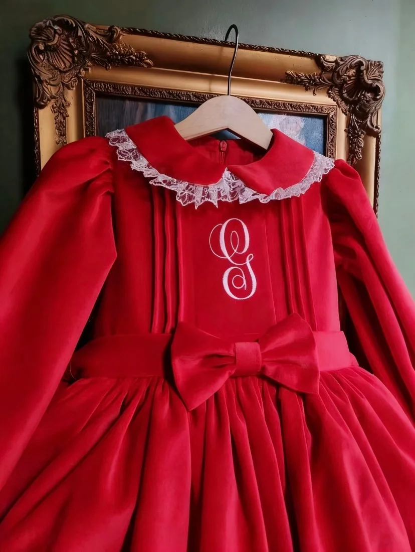 0-12Y Baby Girl Autumn Letter Customized Long Sleeves Red Velvet Dress for Birthday Photography Holiday Christmas C308