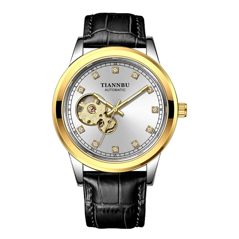 Men Automatic Mechanical Watch Skeleton Dial Diamond Index Stainless Steel Strap Business Dress Watch Gift for Him
