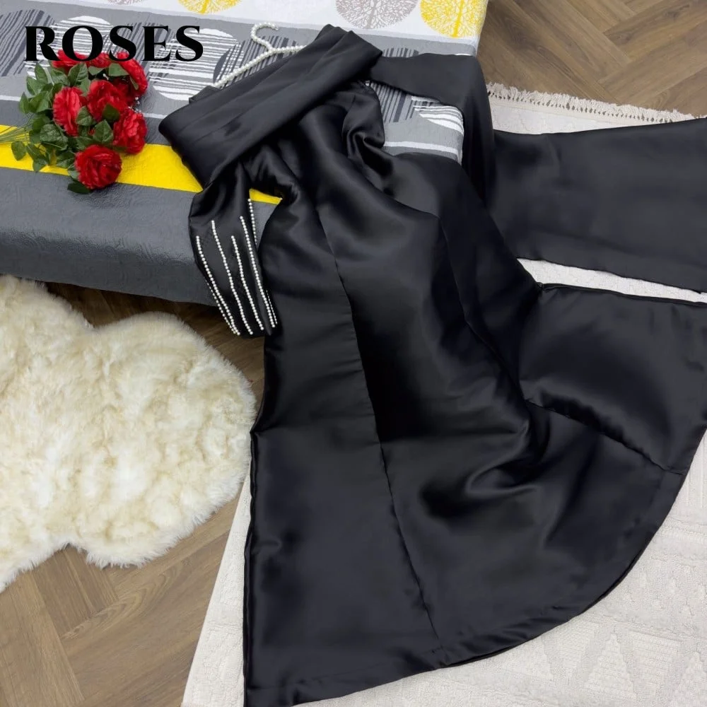 ROSES ชุดราตรีสีดำ ชุดเดรสทรงเอ ผ้าซาติน ชุดเดรสคนดัง แขนยาว ชุดราตรีประดับด้วยลูกปัด ชุดสำหรับงานปาร์ตี้ ปรับแต่งได้