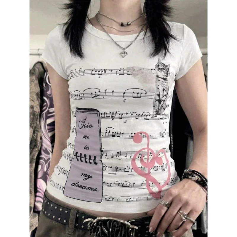 Sweet Music Note Print Short Sleeve T Shirt Women Summer Punk Y2k Spicy Girl Crop Top Street Fashion Tees Vintage