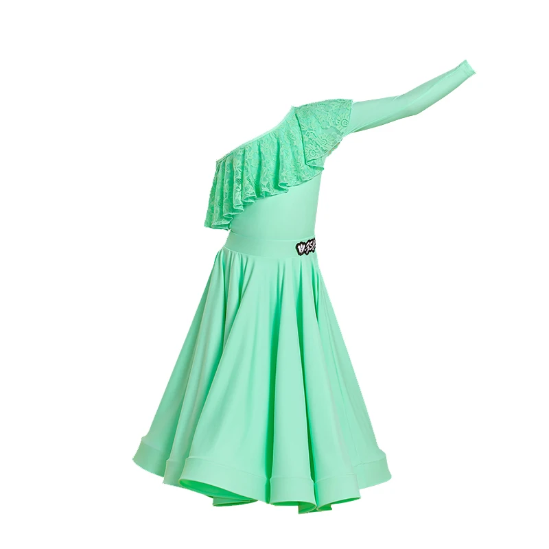 Sukienka do tańca nowoczesnego z jednym rękawem dla dziewczynek, sukienka do tańca latynoamerykańskiego z falbankami, kostiumy konkursowe do walca i tańca towarzyskiego dla dzieci XS10456