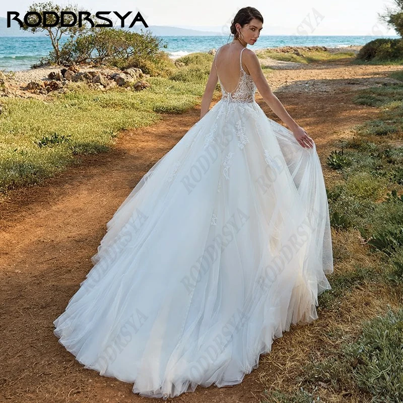 RODDRSYA Spaghetti Straps Lace Wedding Dresses For Women Civil Simple Sleeveless Bride Party Tulle Appliques Beach Bridal Gowns