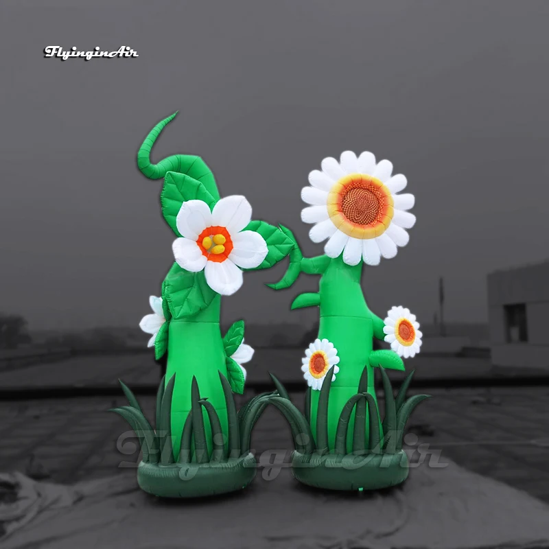 Simulation Inflatable Plant Flowers 3m Height White Air Blow Up Sunflower With Green Stem For Park And Stage Decoration