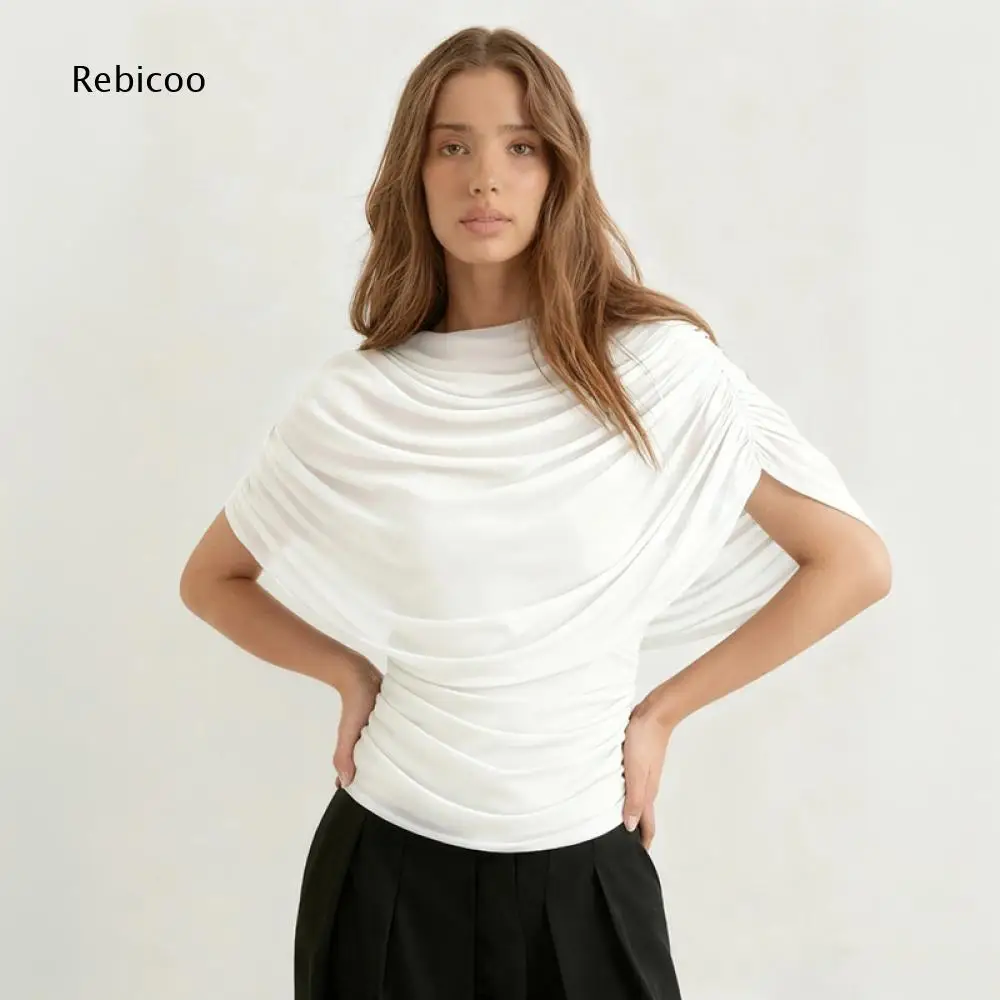 Elegant Solid Ruched Draped Top For Women Mock Neck Cape Short Sleeve Pleated Detail Slim Fit Office Daily Wear Blouse Shirt