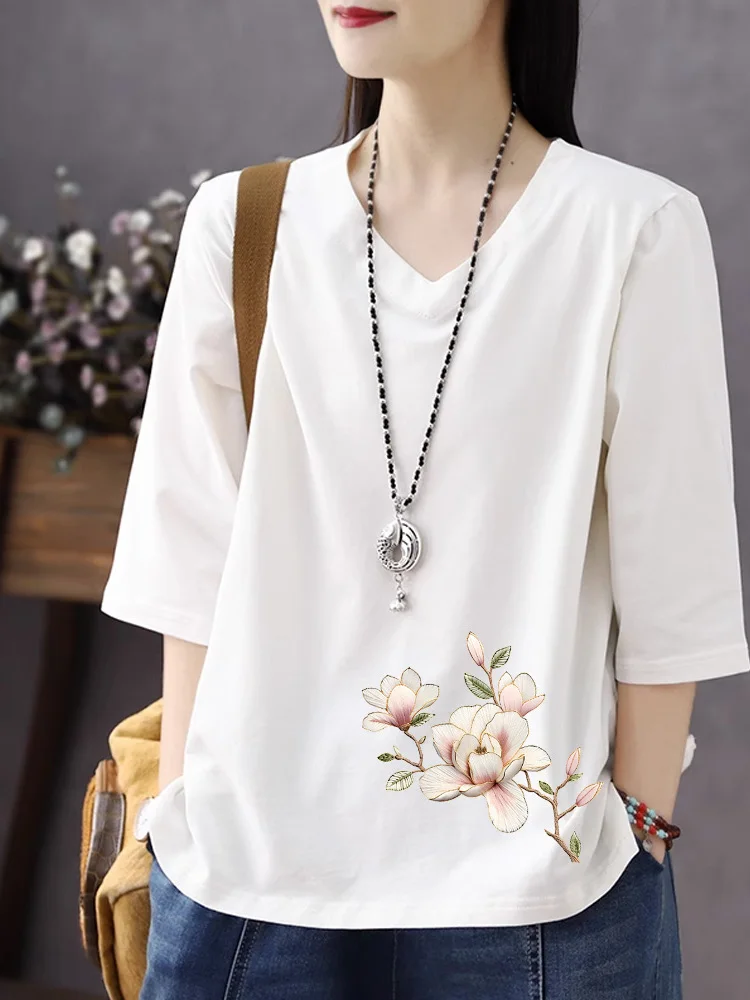 

Loose Fit Pure Cotton V-Neck 3/4 Sleeve T-Shirt Women's plus Size Casual Style Printed Top Breathable Comfortable Autumn Winter