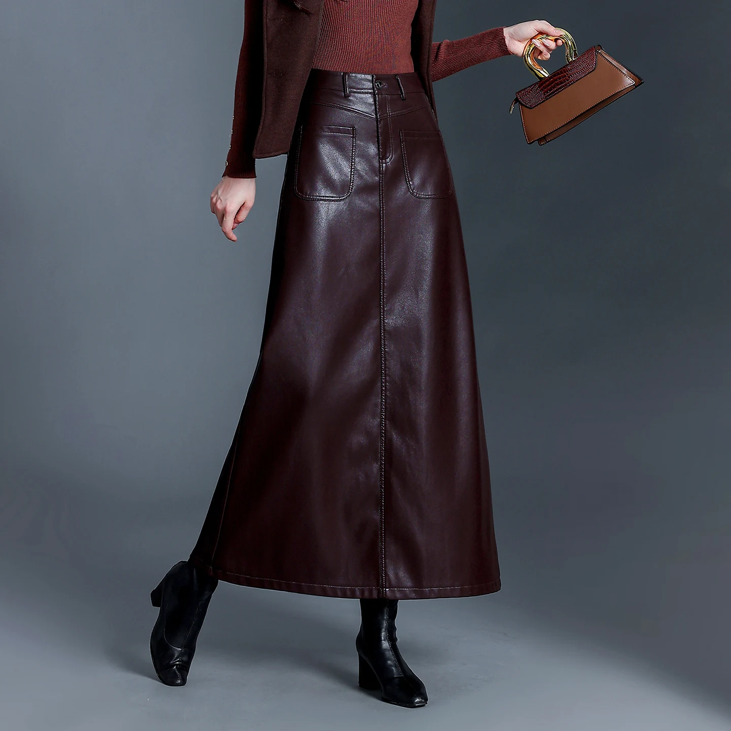 

High Waist PU Leather A-Line Skirt Women's Slimming Hip Covering Skirts Vintage Sle Commute Suitable Long Skirts