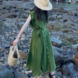 Summer Green Dress Lapel Sleeveless Skirt Female New Retro Temperament Single Breasted Long Dresses Women's Dresses Vestido traf