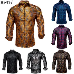 Hi-Tie Black Gold Mens Silk Shirt Paisley Floral Long Sleeve Casual Shirts For Men Jacquard Male Business Party Wedding Dress