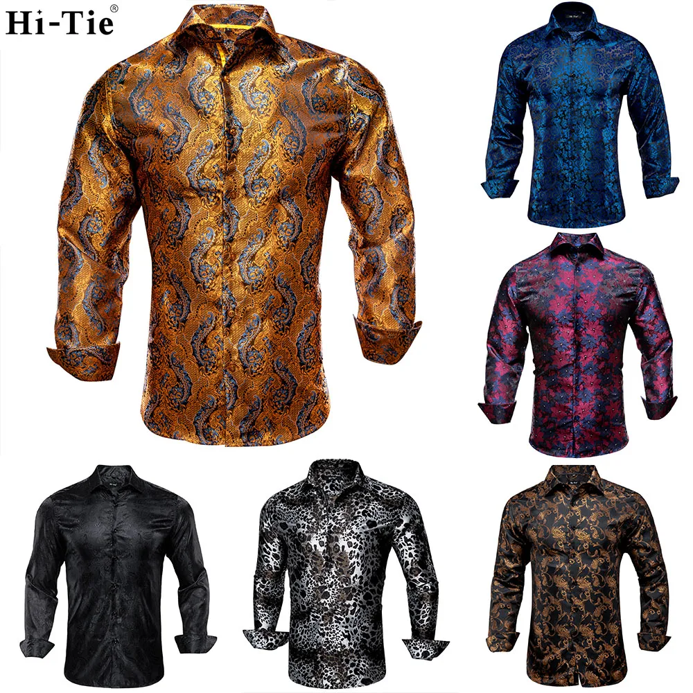 Hi-Tie Black Gold Mens Shirt Paisley Floral Long Sleeve Casual Shirts For Men Jacquard Male Business Party Wedding Dress