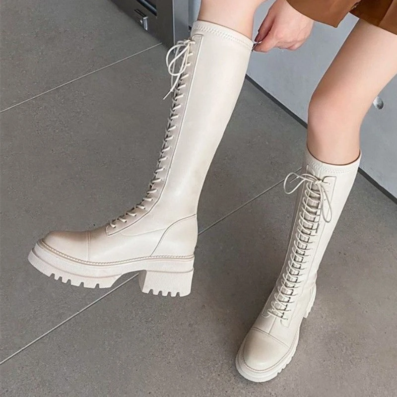 Shoes for Woman Footwear with Laces New Rock Long Women\'s Boots Black Winter Knee High Shaft White Lace-up Waterproof Cosplay In