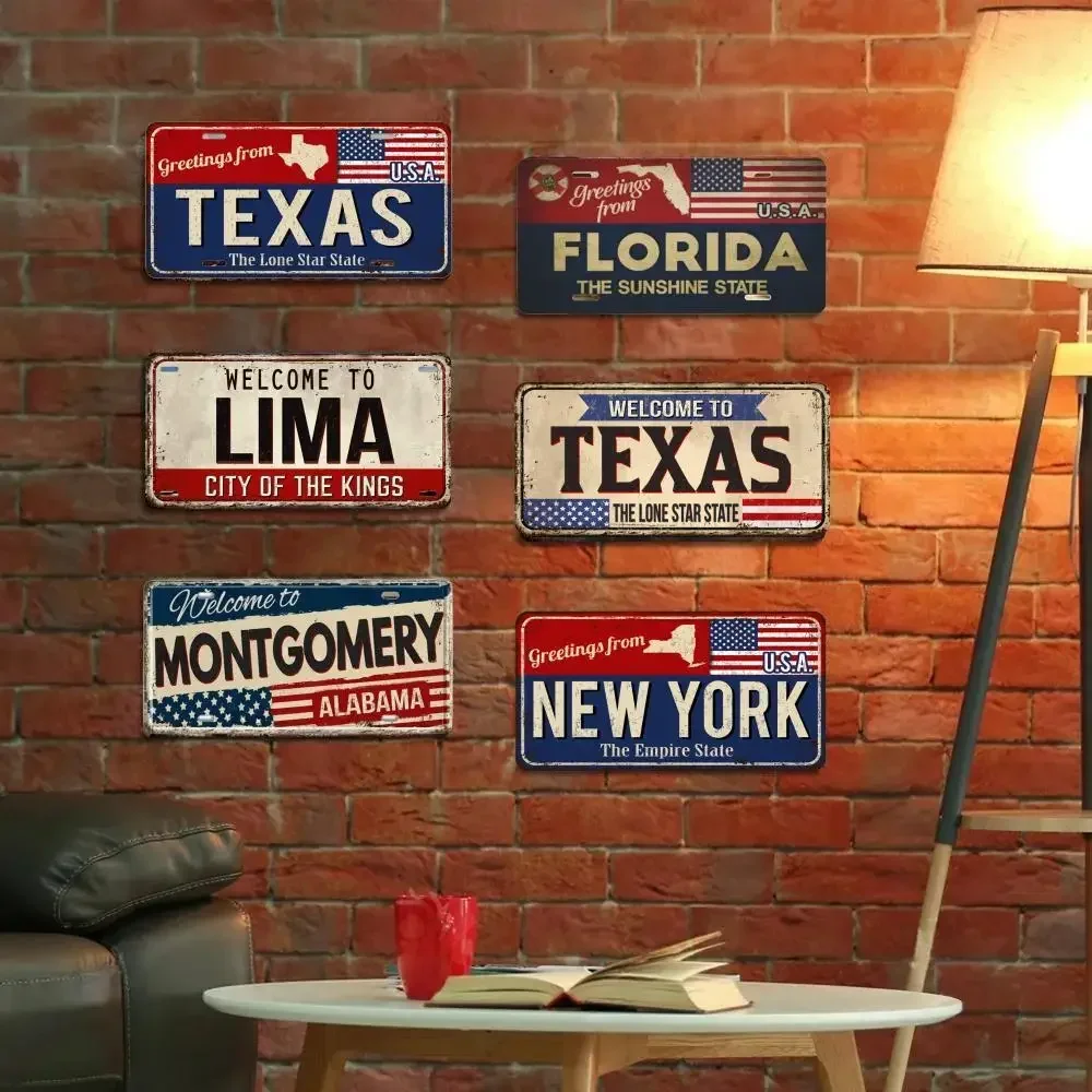 Vintage Texas Florida Utah Rusty Metal Sign With American Flag Decorative Car Front License Plate Novelty Metal Car Plate Tag