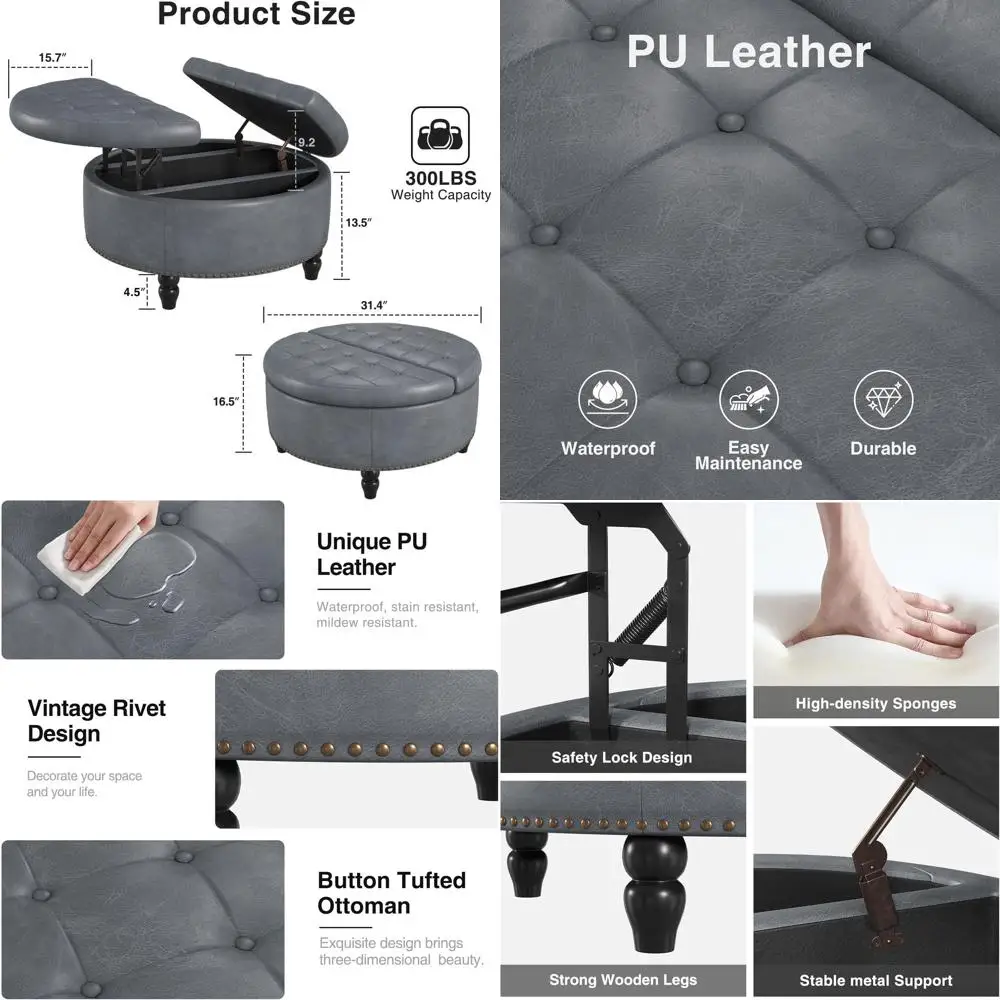 30 Round Storage Ottoman, Genuine Leather Coffee Table with Lighted Top, Upholstered Button-Tufted Storage Stool for Living Room