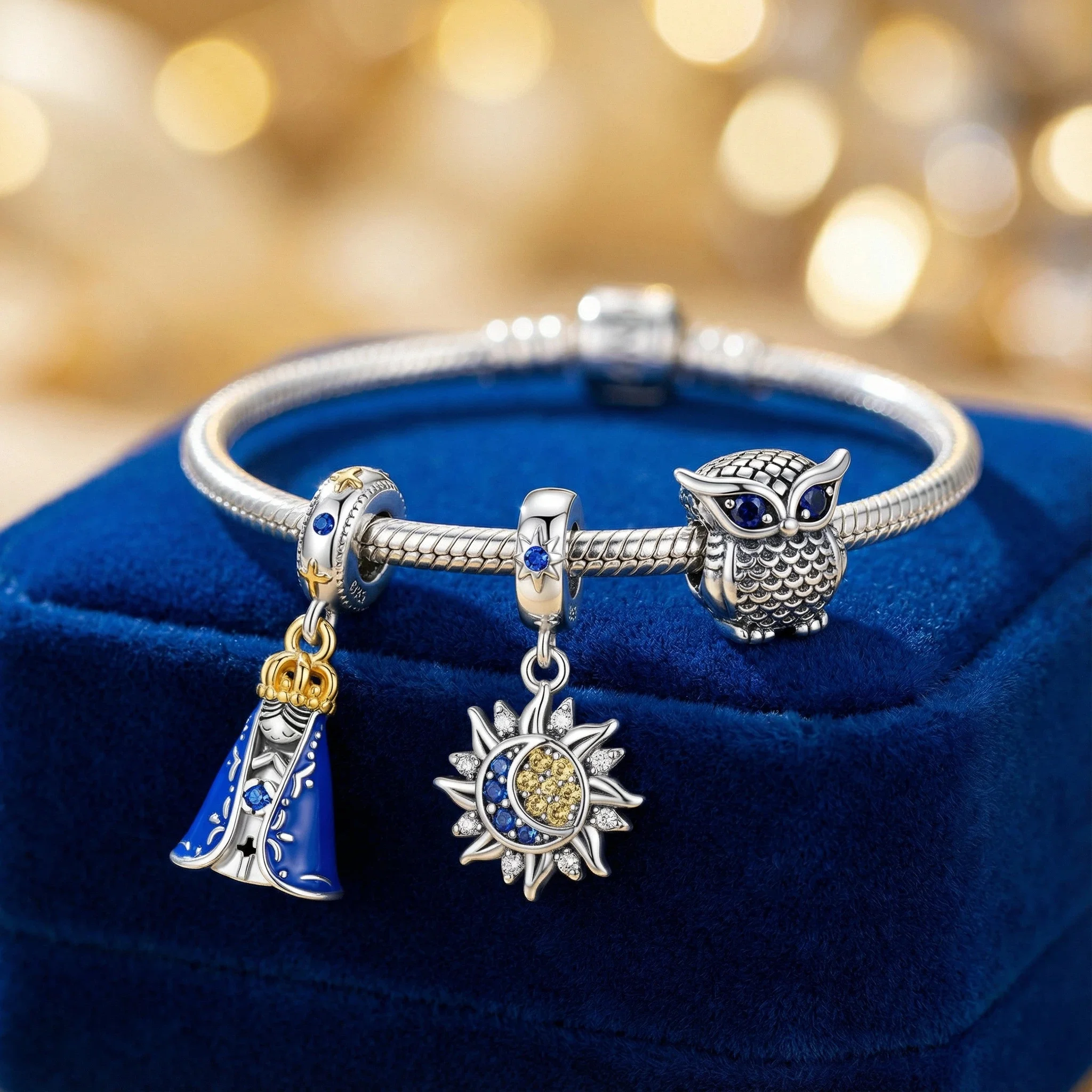 

925 Sterling Silver Our Lady Owl Charms Pendant with Cubic Zirconia,Fit DIY bracelet necklace Gift for Her，Colgante Plata