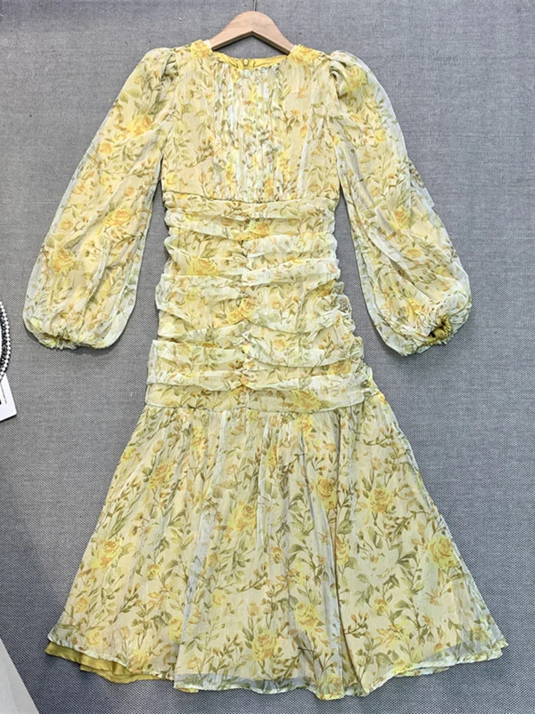 Robe plissée taille haute à manches longues pour femmes, robes d'impression de tempérament, français, floral, élégant, été, nouveau, 2022