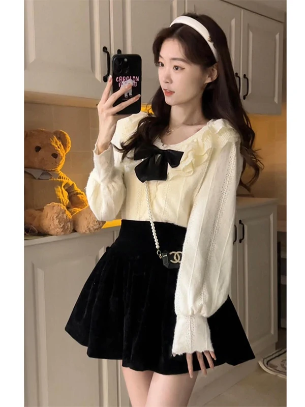 

Корейский комплект: юбка с высокой талией и топ с длинными рукавами, с бантом, женский модный удобный костюм из двух предметов, осень-зима