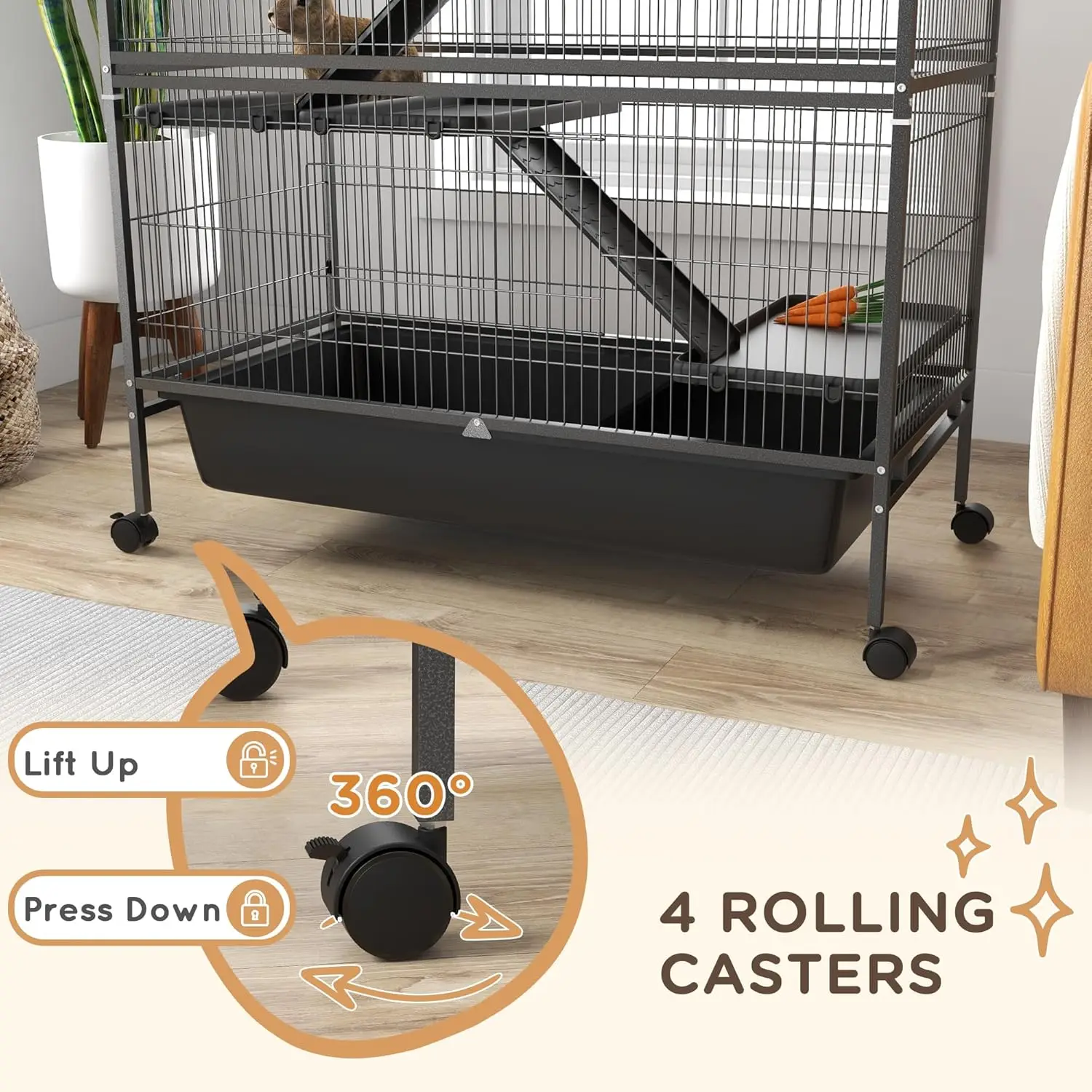 53.5" Small Animal Cage 5-Level Metal Ferret or Bunny Cage with Wheels Chinchilla Cage with Removable Tray 2 Front Doors