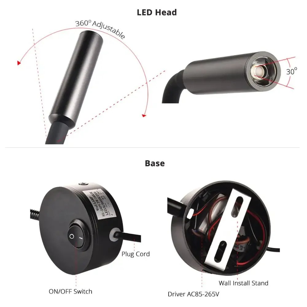 Imagem -04 - Lâmpada Led Spot Noturna de Cabeceira Lâmpada de Livro Luz Noturna Cabeceira Trabalhando Leitura Estudo Arandelas eu us Plug Cord 3w