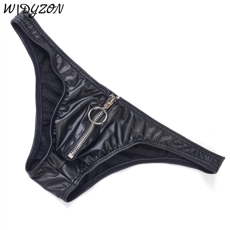 Men Sexy Briefs Gay Underwear Man Zipper Underpants Men\'s Faux Leather Bikini Briefs Cuecas Erotic Mens Lingerie Nightclub Wear