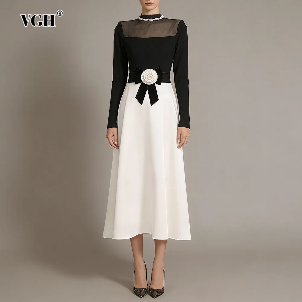 

VGH Hit Color Party Tow Piece Set для женщин, водолазка с длинным рукавом, топ с высокой талией, юбка трапециевидной формы с бантом, элегантный женский костюм