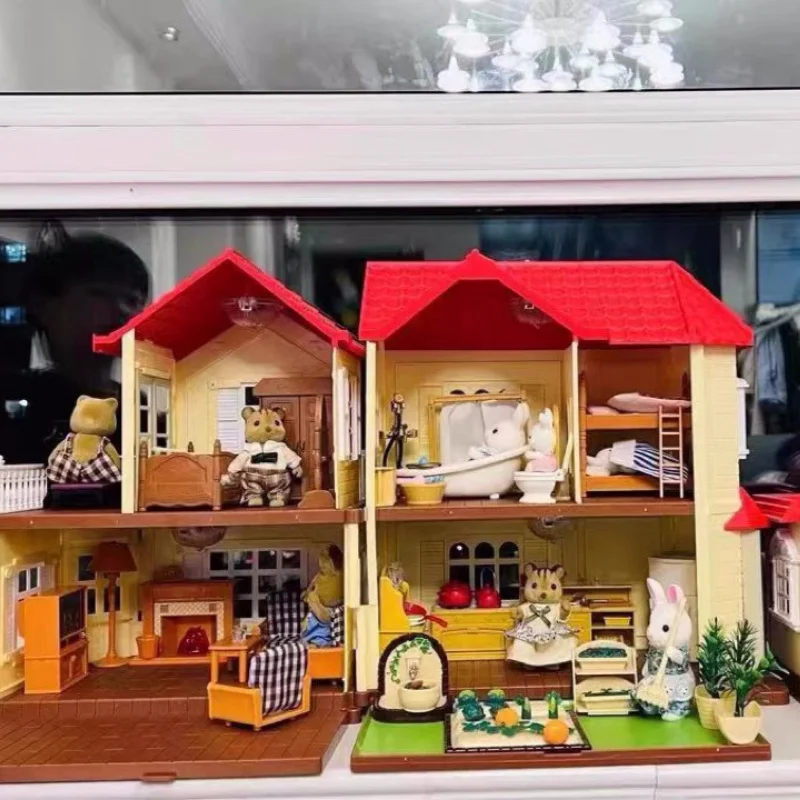 غابة المنزل الحيوان الأسرة أرنب صغير فيلا غرفة المعيشة المطبخ غرفة نوم حديقة مجموعة اثاث صغير فتاة التظاهر اللعب لعبة نموذج