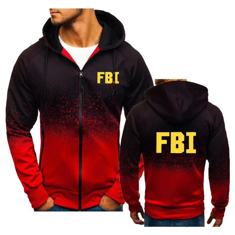 

Hip hop color contrast men's hooded cardigan FBI print High quality spring zip hoodie for men Fashion classic street hoodie