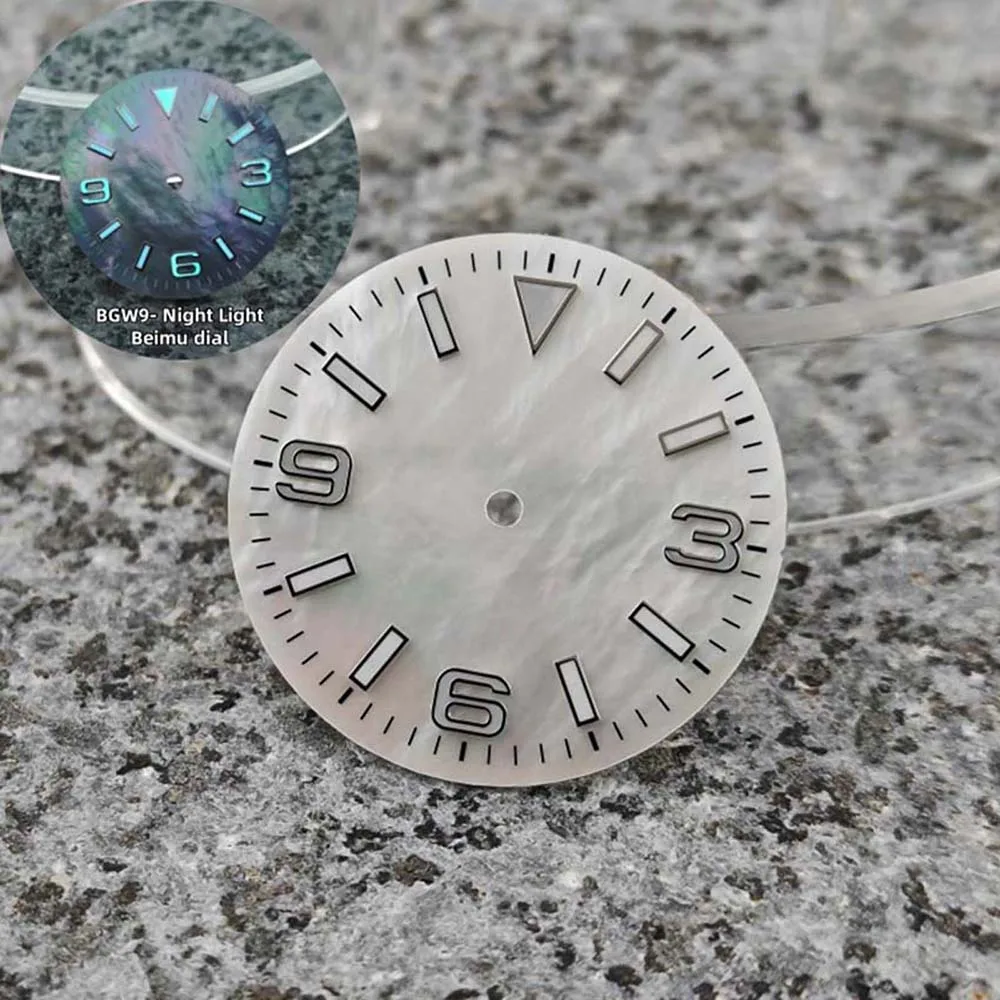 NH35 다이얼 28.5mm, BGW9 블루 야광 시계 다이얼 (NH35 무브먼트용, 캘린더 없음, 369 숫자, 시계판 개조 부품)