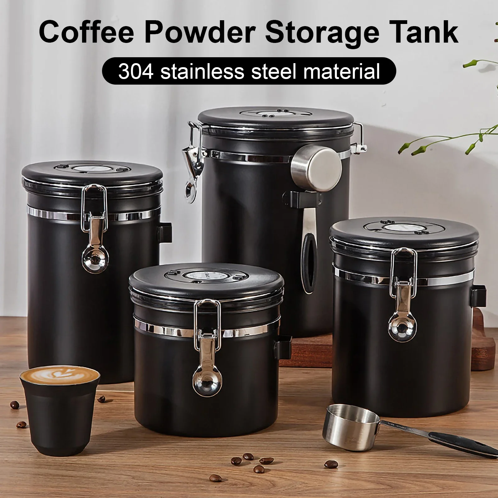 Coffee Canister, Airtight Stainless Steel Kitchen Food Storage Container with Date Tracker and Scoop for Grounds Coffee, Beans