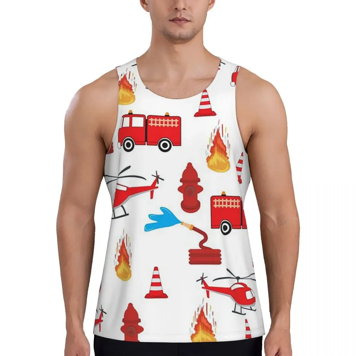 Quick Dry Red Transport Fire Truck Engine Brigade Gym Tank Muscle Sleeveless Shirt Bodybuilding Breathable Vest