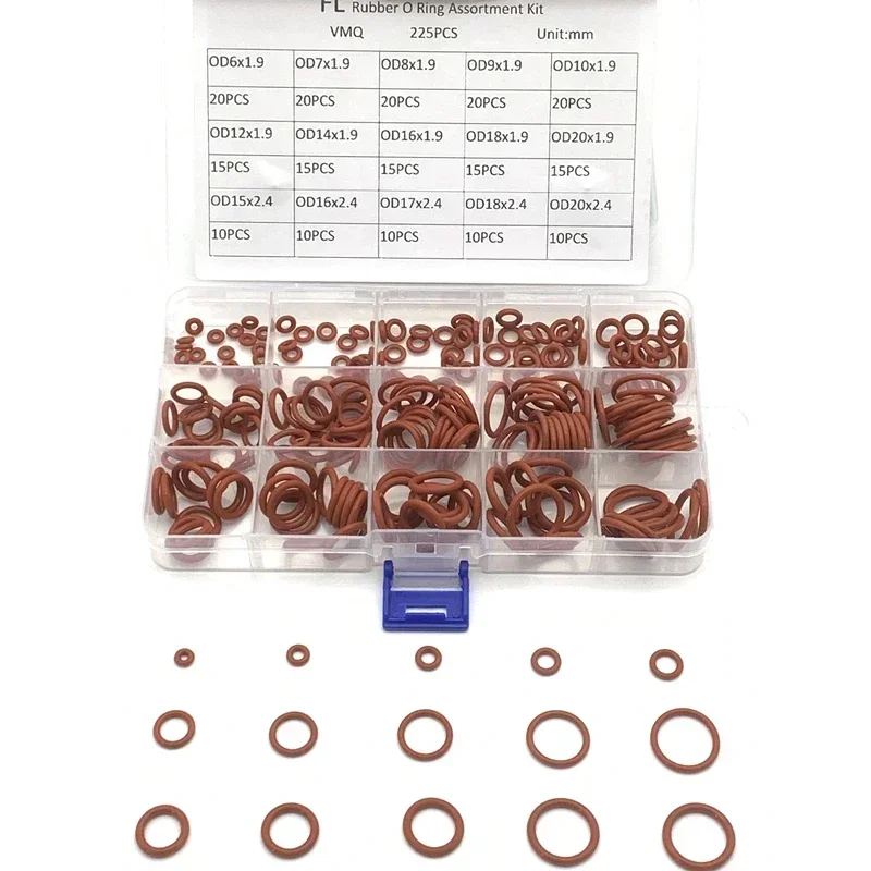 Rote Silikon VMQ O-Ringe 225 Stück O-Ringe Dichtung Dichtung Silikon Unterlegscheibe Gummi O-Ring Set Sortiment Kit Set Box Ring