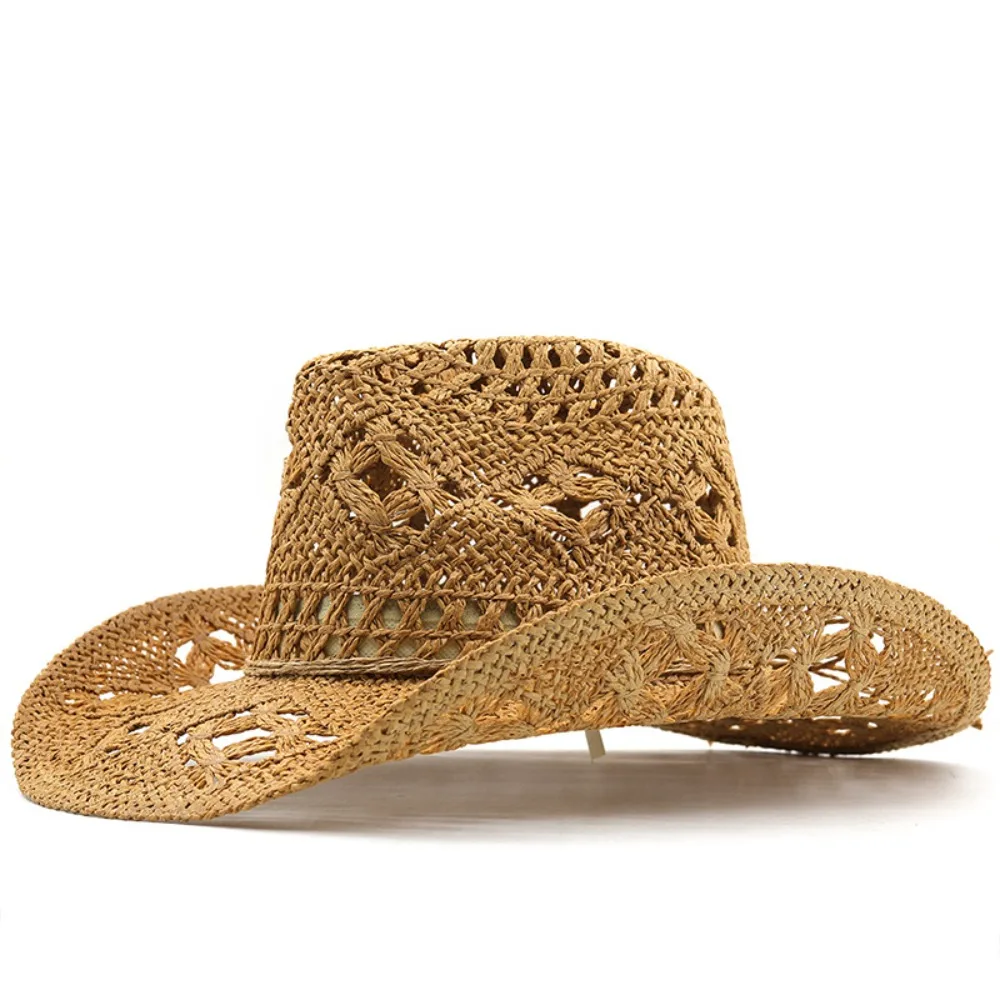 

Vintage Wide Brim Hollow Straw Hat Curled Handmade Western Cowboy Cap Sunscreen Korean Style Sun Hat Sport