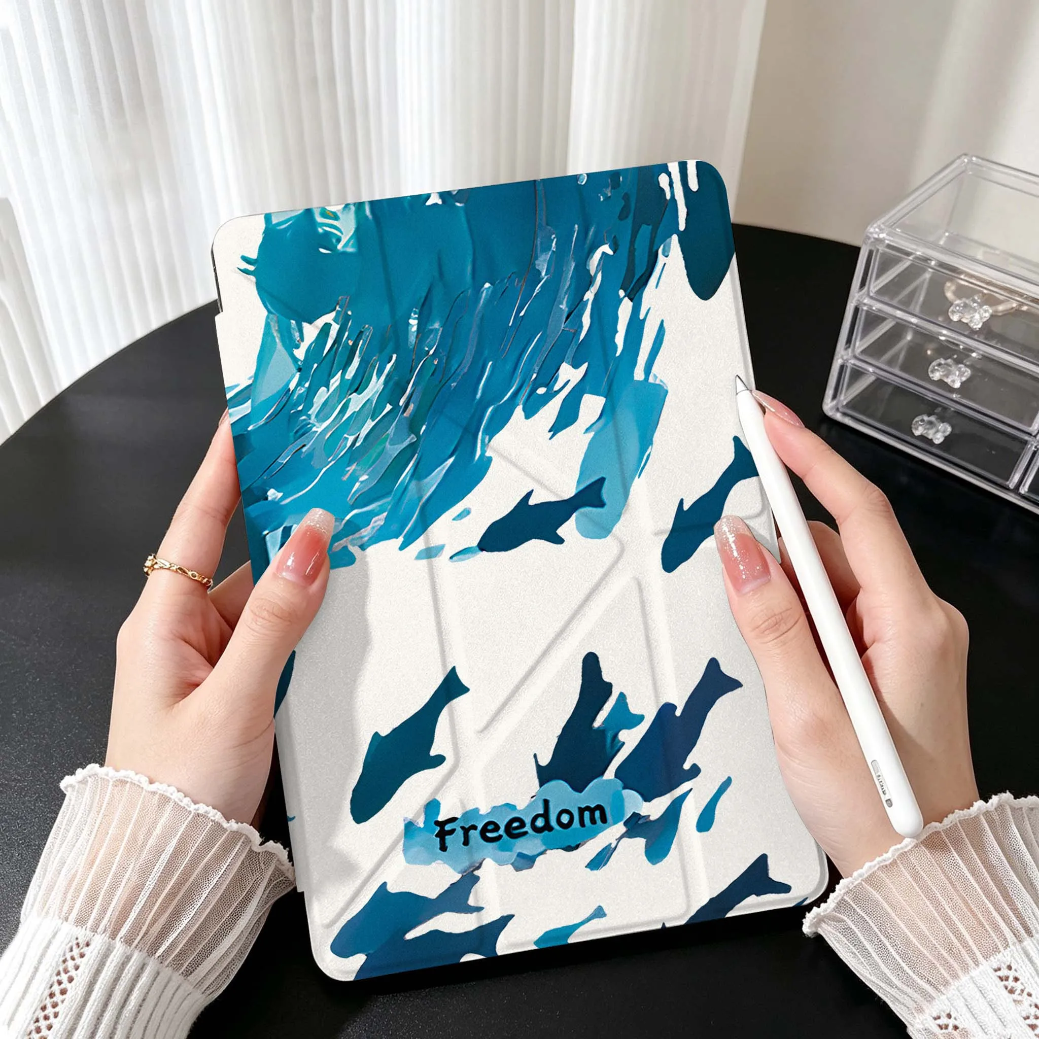 Blue Wave Cloud For Samsung Galaxy Tab A9 A8 A11 S6 S7 S8 S9 S10 FE Plus Lite Transparent Y-Shaped Folding Tablet Case