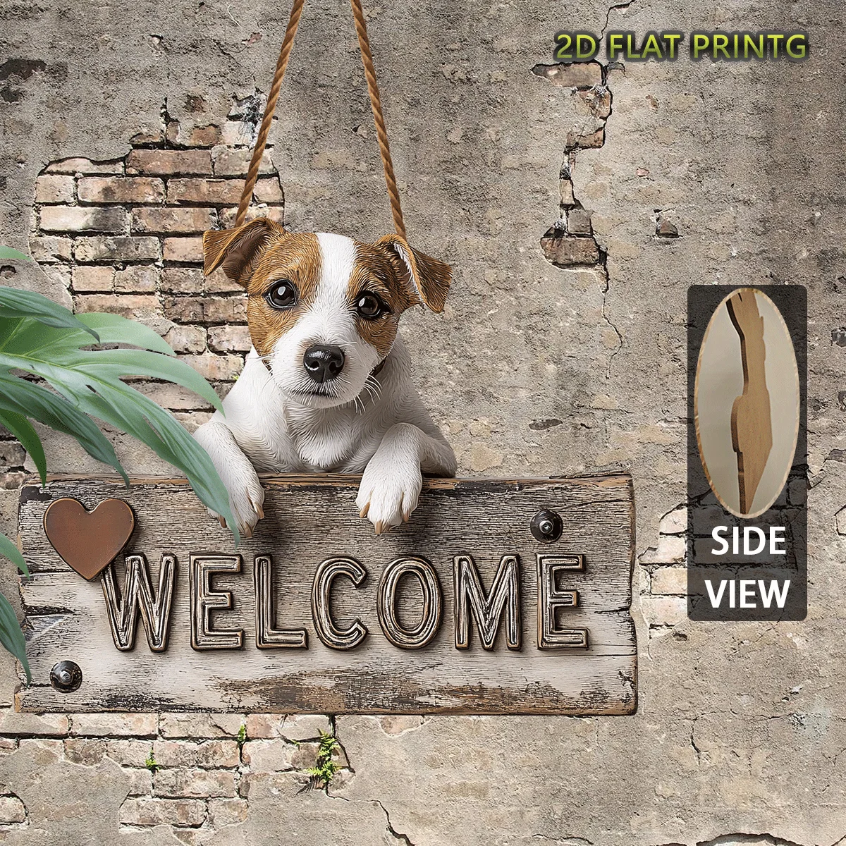 2D Flat, 1pc Vintage Jack Russell Terrier Welcome Sign, Rustic Farmhouse Style Wooden Plaque,with Wreath And Heart-Shaped Cutout