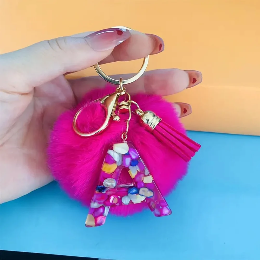 Cute Fashion Initials Letter Charm Keychains With Rose red Pompom Tassel Handle Pendant Keyrings Women purse Bag key Accessories