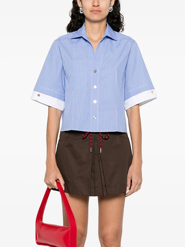 

Fre Plaid Cotton irt ort Sve Women's Casual Sle Loose Fit Summer New Arrival UV Protection Five Button Closure