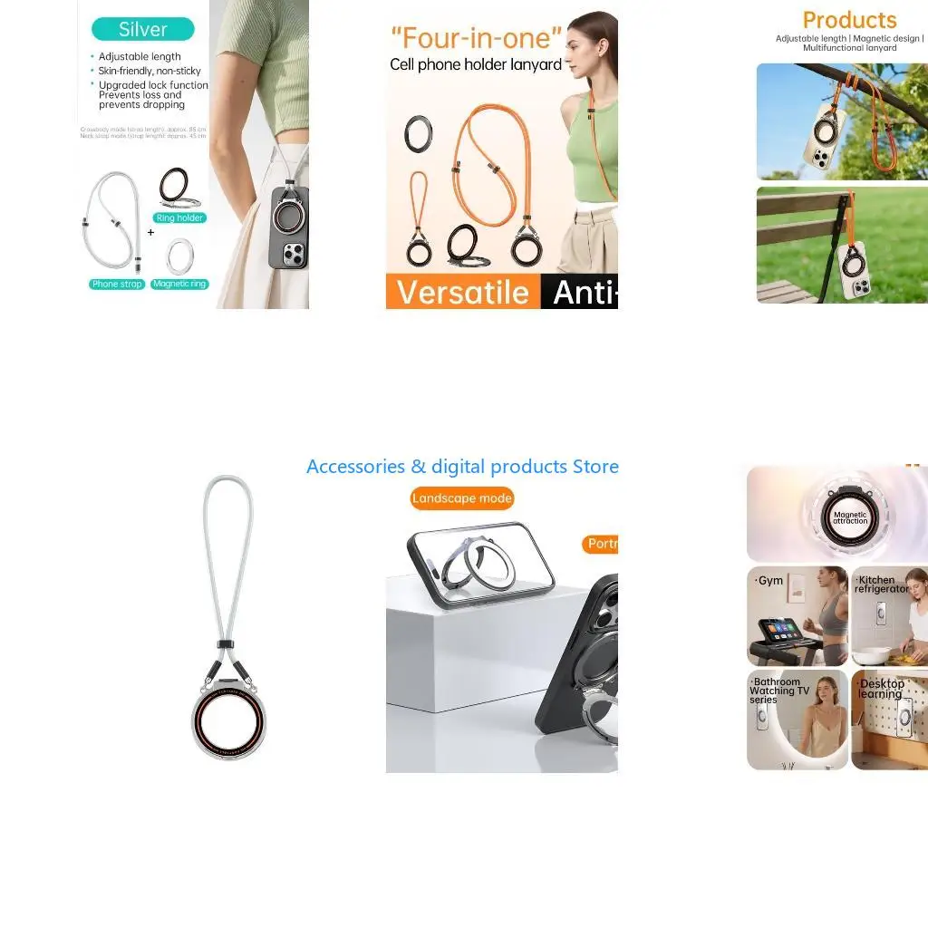 77JD Phone Strap Adjustable Neck Shoulder Mount Detachable Stand with 360 Rotating Finger Circle N52 Magnet Design
